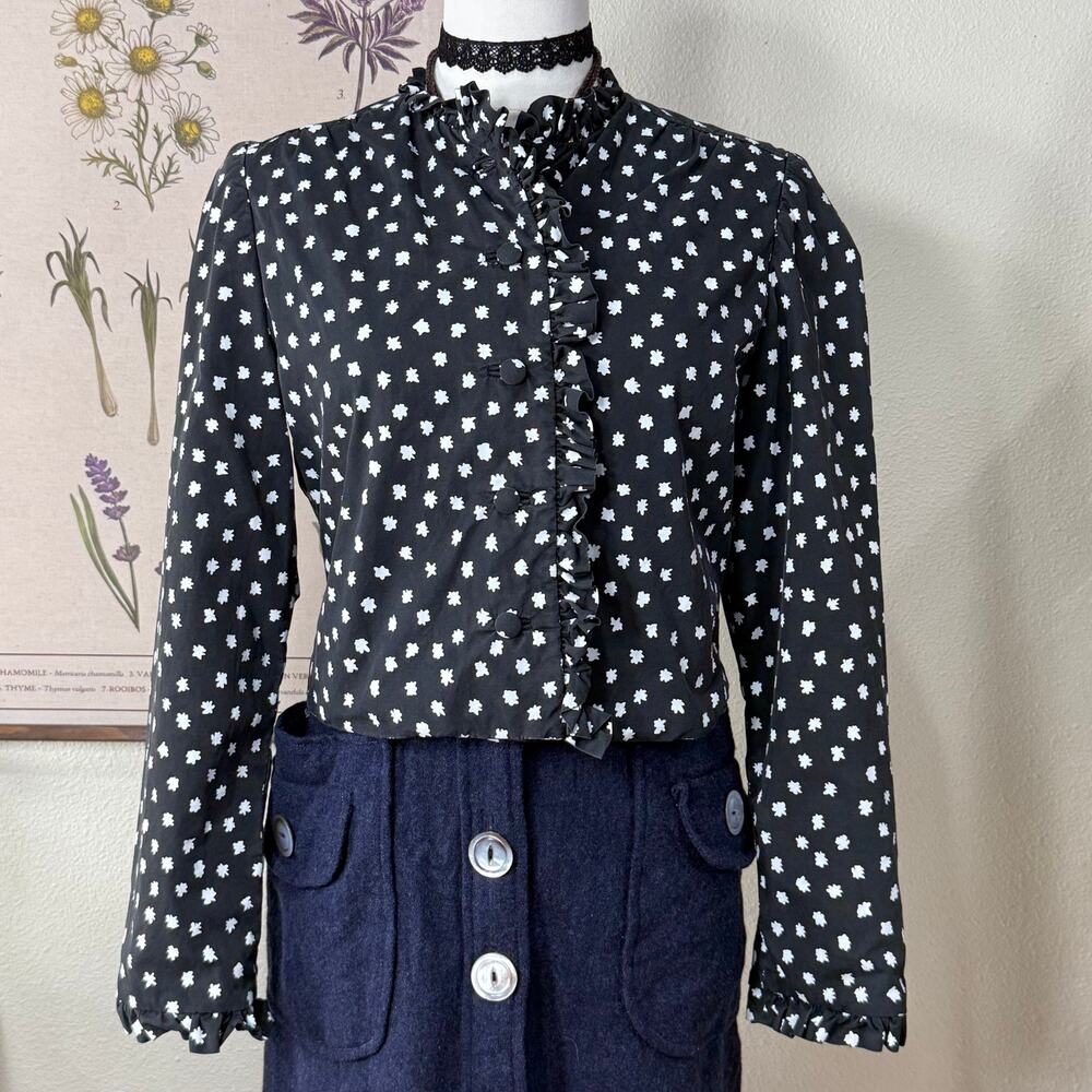 Vintage 70s 80s Black White Floral Ruffle Jacket Mod Retro Whimsy Twee XS S